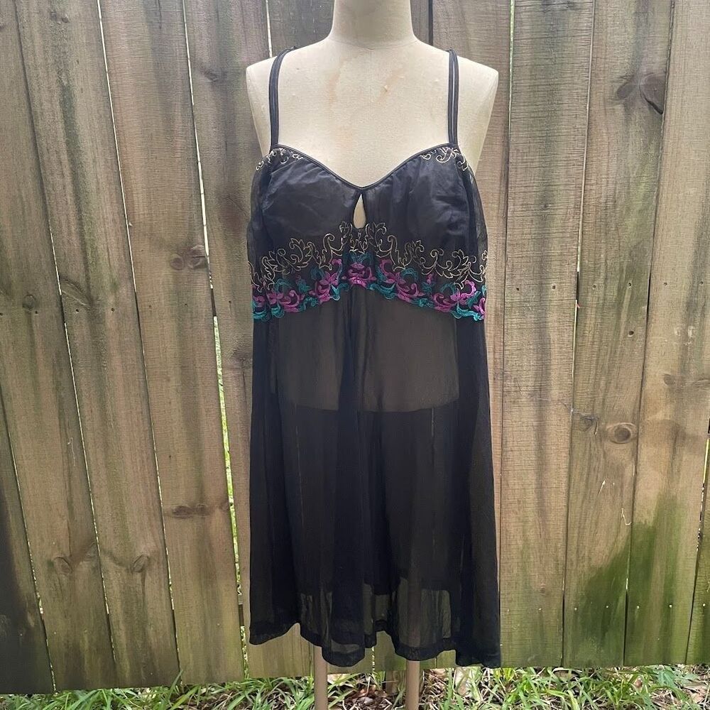 CACIQUE CHEMISE Sheer Mesh Embroidered Lingerie Black 26/28